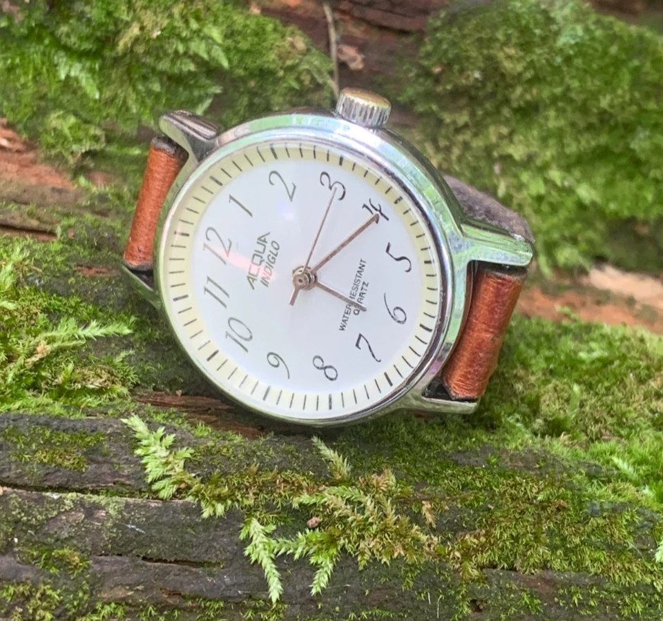 TIMEX Acqua Indiglo OOAK L8 2003 Silver/White/Brown Leather Sz US 7 Watch Ring - Image 3 of 4