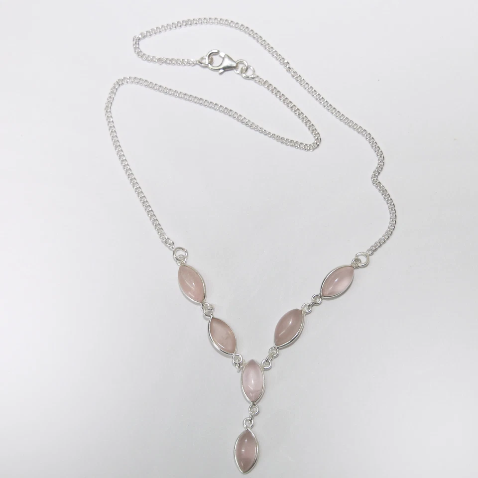 Quarzo Rosa Argento Collana 925 Collier 40cm Catena 6 Cabochon Pietre Preziose - Immagine 3 di 4