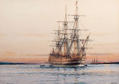 1741 - H.M.S. Sandwich Laying Her Mooring at Sunset by J. Spurling