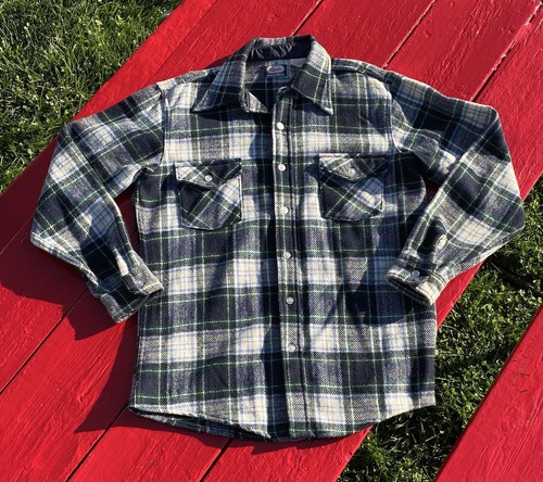 Vtg OSHKOSH B'GOSH Wool Shirt Blue Plaid Long Excellent! Mens Size Large - Picture 2 of 10