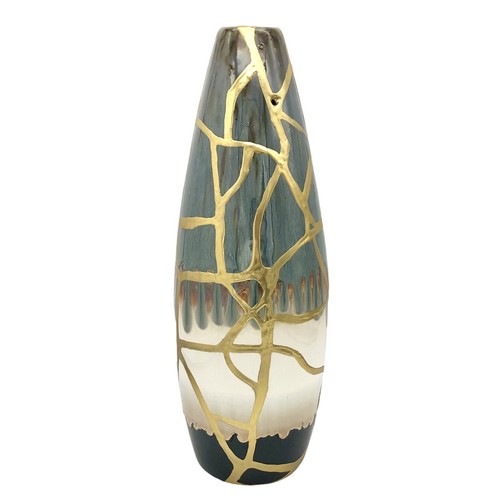 Kintsugi Vase 14” Drip Glaze Gold Crack Art Personal Growth Anniversary Gift - Picture 8 of 13