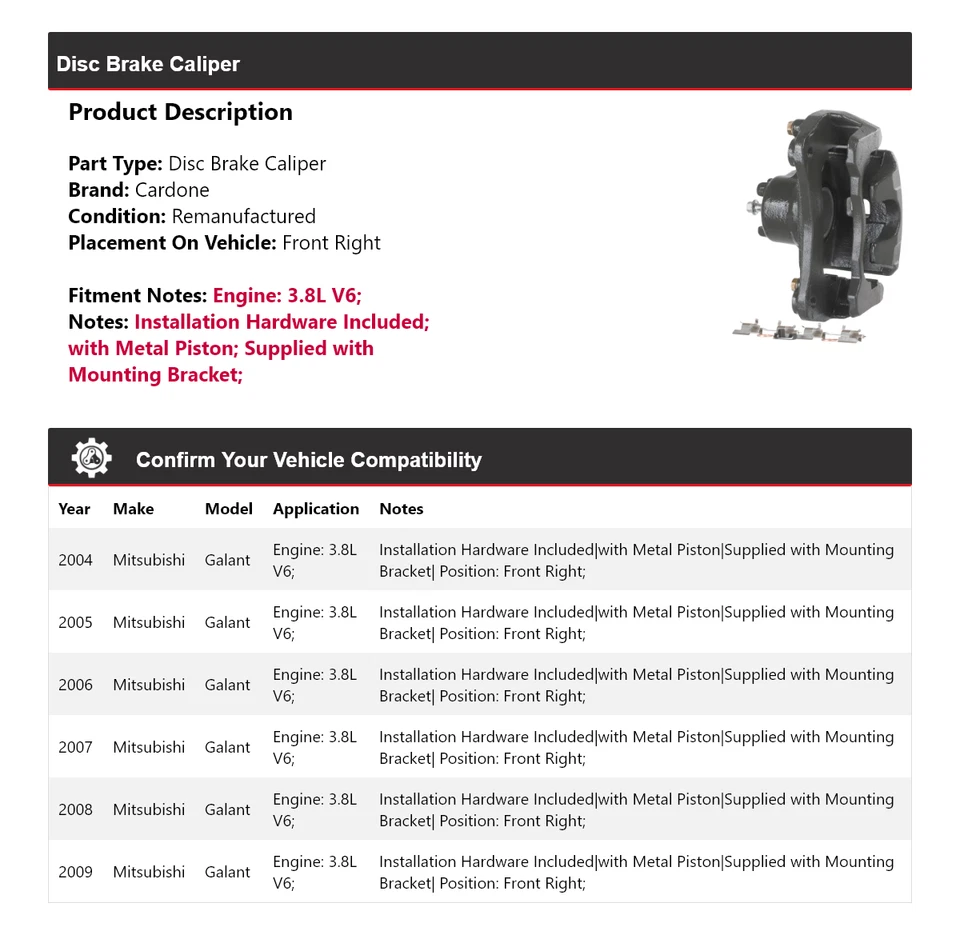 Pinza de freno de disco delantera derecha Cardone para Mitsubishi Galant 2004-2009 3,8 L V6 Foto 2 de 4