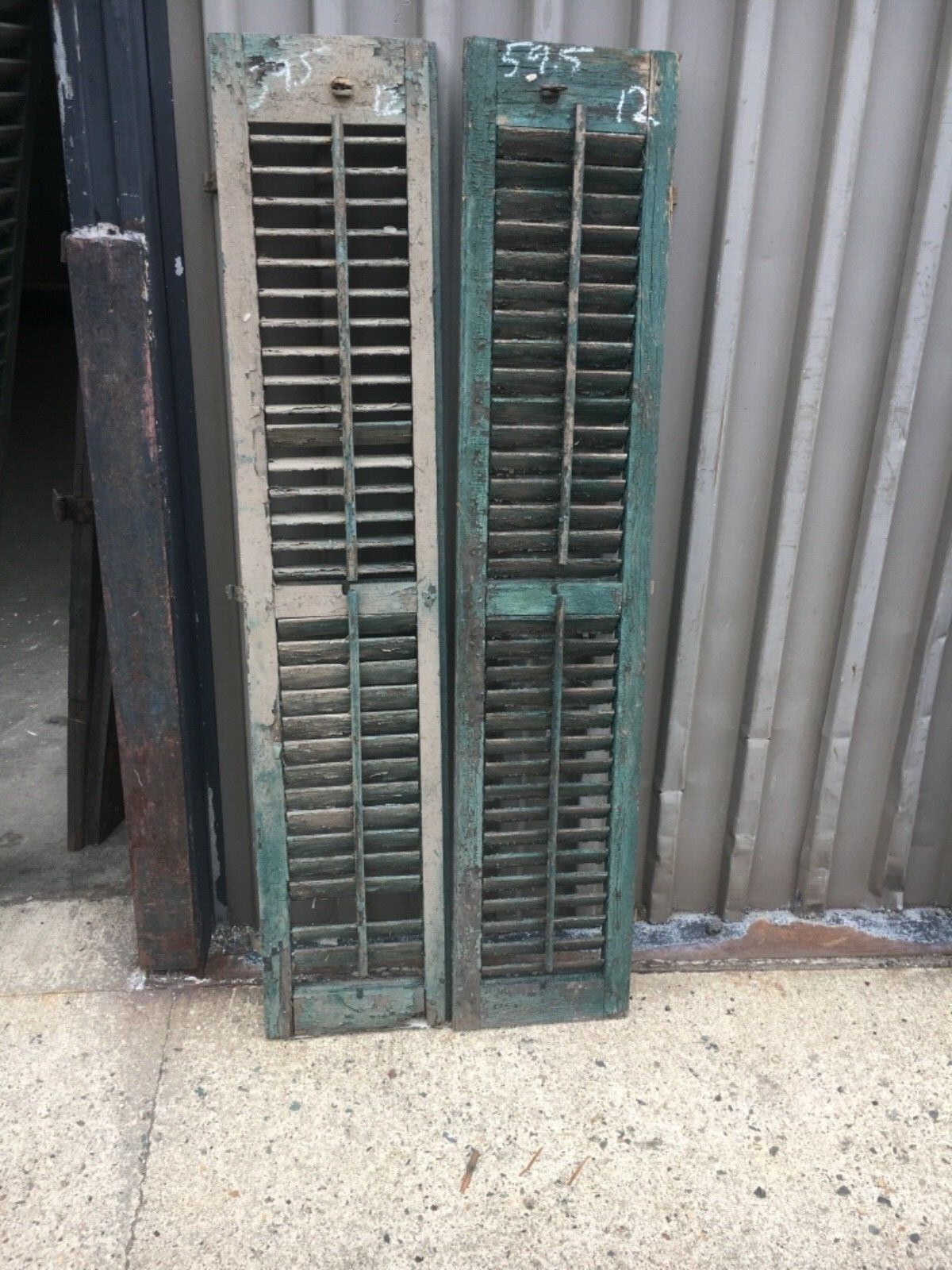 PaiR c1890 louvered green window house shutters central CT 59.5” x 12” x 1.25”