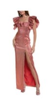 Black Halo Eve Coral Metallic Ruffled Neckline Slit Gown 4/6