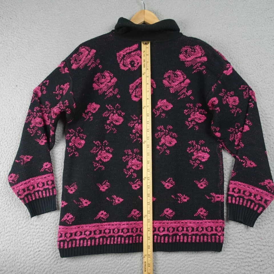 Vintage 80s Sweater Women’s L Black Pink Acrylic Floral Rose Pattern Turtleneck - Image 4 of 4