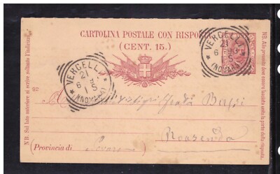 Postcard 7 1/2 c. Umberto I MIL. 92 Vercelli Stamp WD2620
