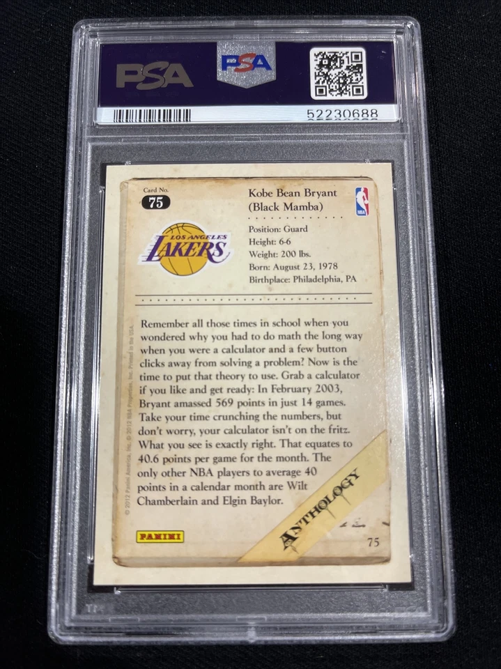 2012 Panini Kobe Anthology #75 Kobe Bryant PSA 9, Pop 2/only 1 higher, LA Lakers - Image 2 of 2