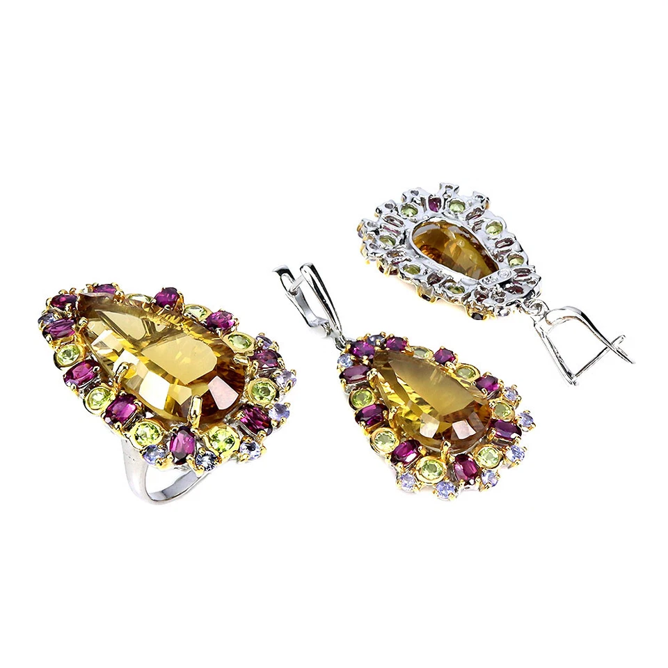925 Argento Sterling Fatto a Mano Pera Citrino 52ct Peridoto Rodolite Gemma Set - Immagine 2 di 4