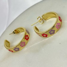 NEW Gold Plated Hoops With Colorful Flowers Earrings