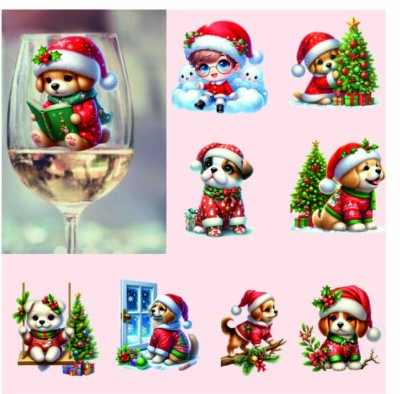 9x Farbe gemischt Weihnachten Elfe Hund Vinyl Aufkleber Abziehbild Becher Weinglas Flasche