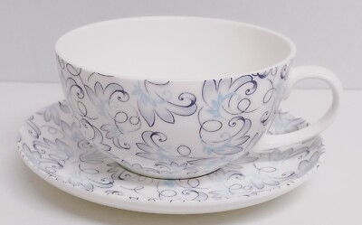 Royale Tasse & Untertasse Bone China Cappuccino 300ml Blau & Grau Wirbel Blumen Blätter