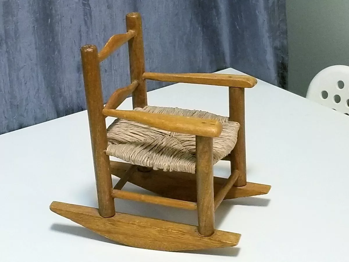 Vintage Doll Size Handmade Wooden Rocking Chair Straw Seat 9 X 9