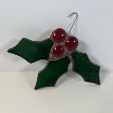 Vintage Lead Stained Glass Holly  Berries Ornament Christmas Window Suncatcher