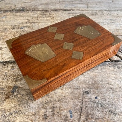 Traditionelle Messing Intarsien Holzkiste inkl. 3 Würfel Set passt 2 Spielkartendecks