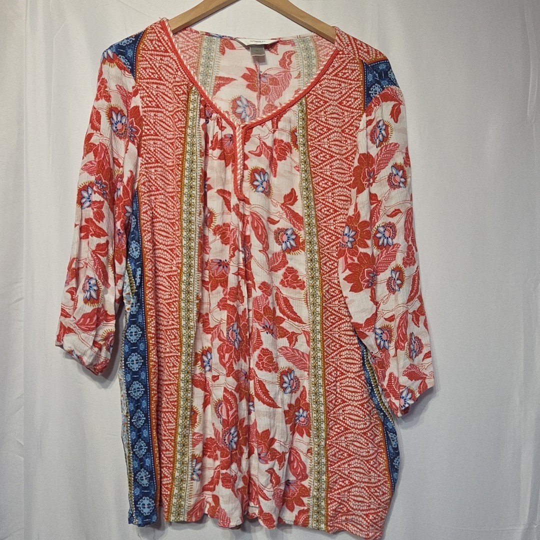 CJ Banks Floral Boho Tunic Top Womens 2X Braided Neck 3/4 Sleeve