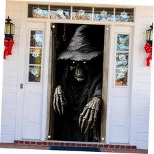 Halloween Door Cover 71x35 Inches Scary Skeleton Wizard Peeking Banner Spooky