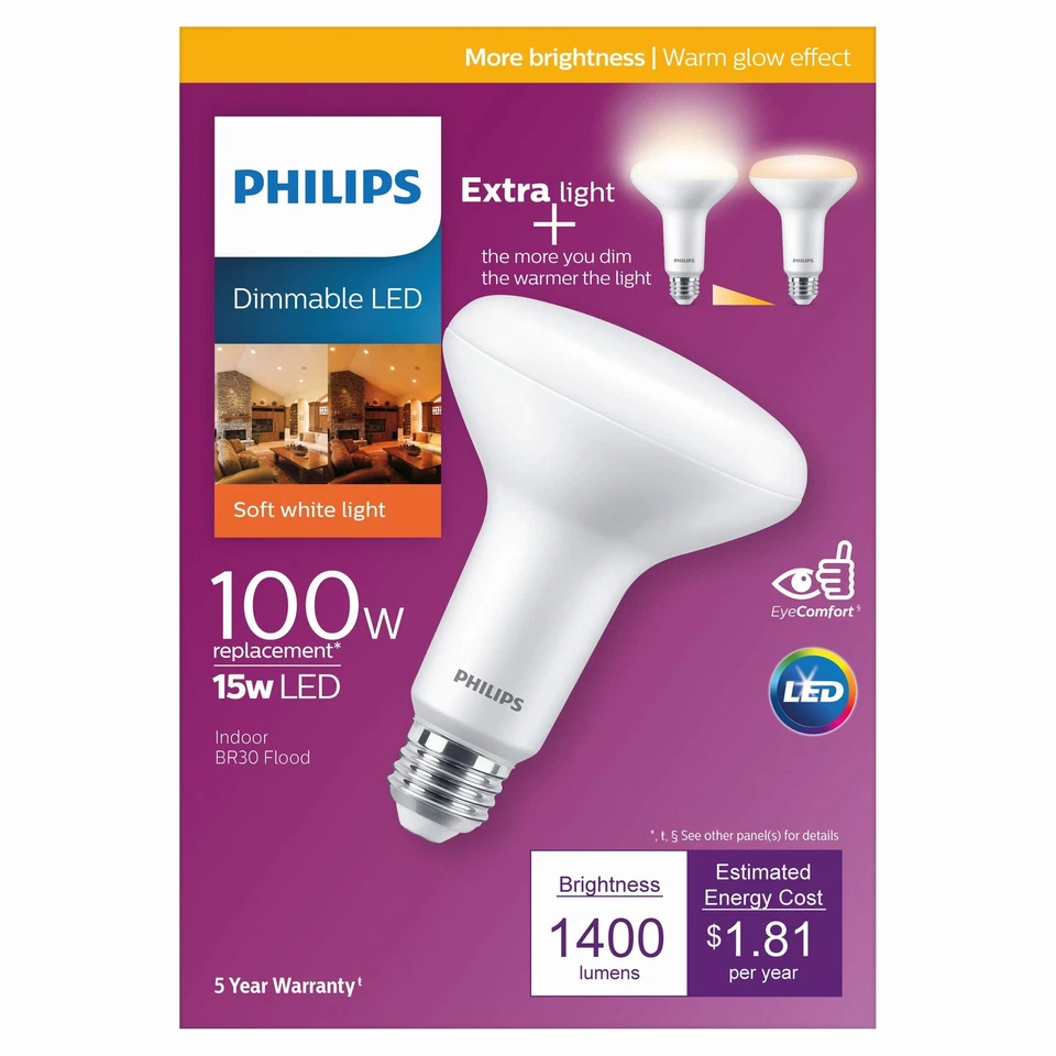 Philips 4 Pack Br30 Led Dimmable Bulbs Warm Glow 1400 Lumens Soft White Light - Image 2 of 4