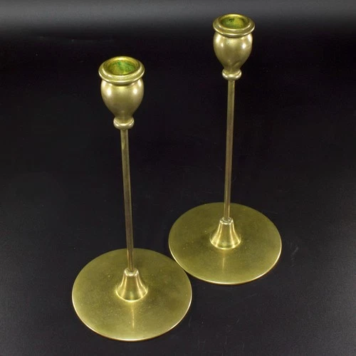 Antique Arts & Crafts Brass Candlesticks 1910s Jarvie Style Prairie Bungalow 11"
