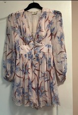 Zimmermann Pink/Blue/Brown Floral Silk Chiffon V-Neck Puff Sleeve Dress Sz 0 uk8