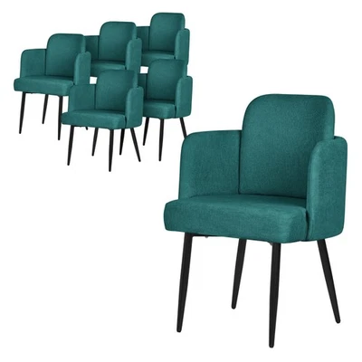6 Chaises salle à manger tissu bleu pétrole avec accoudoirs dossier aspect rotin - Photo 1/4