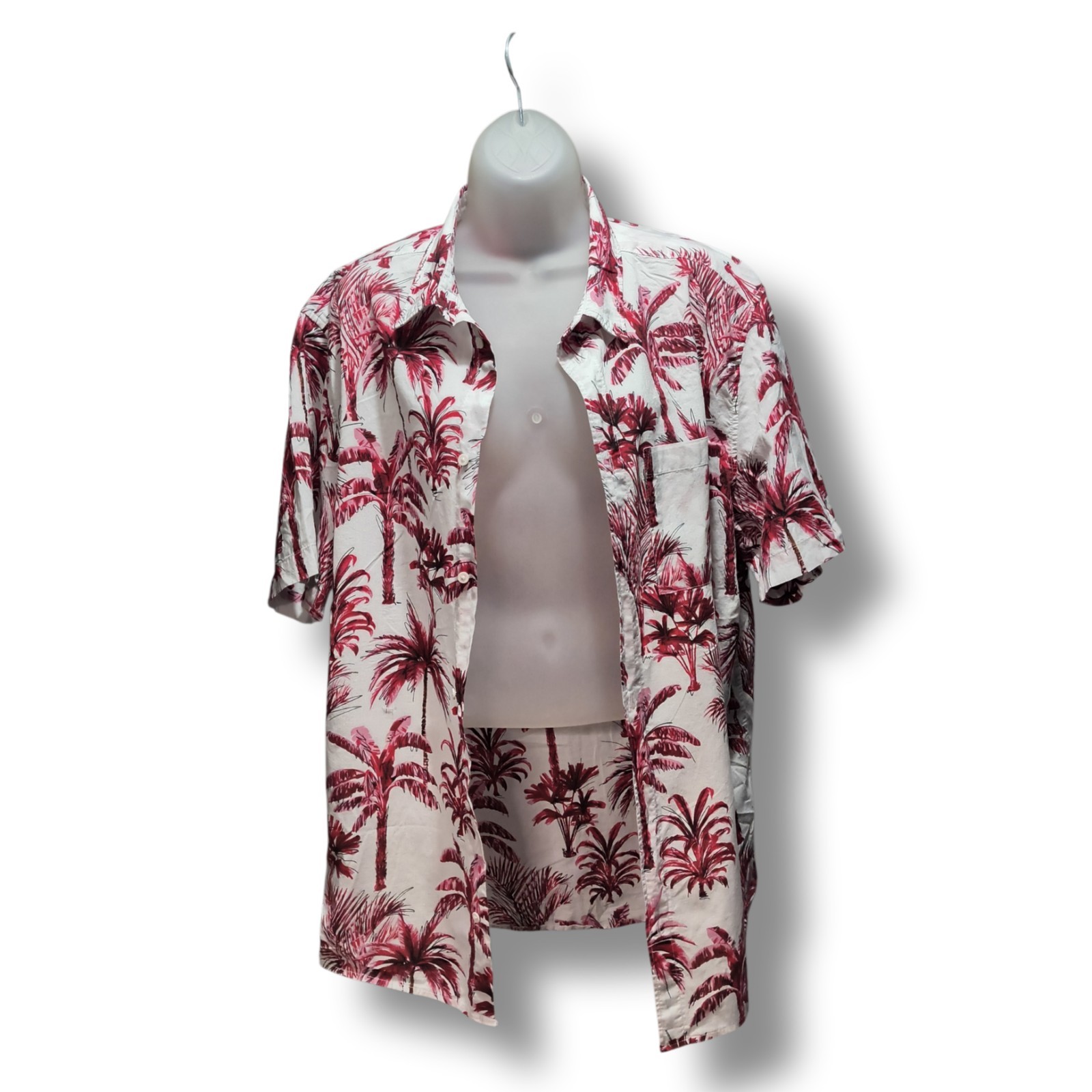 H&M Button Down Shirt Tropical Palm Leaf Print Short Sleeve Red Resort Black L