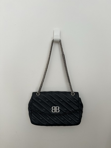Balenciaga BB Logo Black Quilted Leather Chain Strap Shoulder Bag