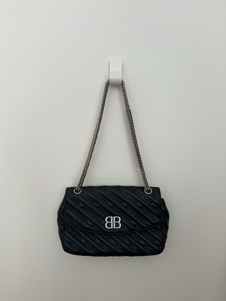 Balenciaga BB Logo Black Quilted Leather Chain Strap Shoulder Bag