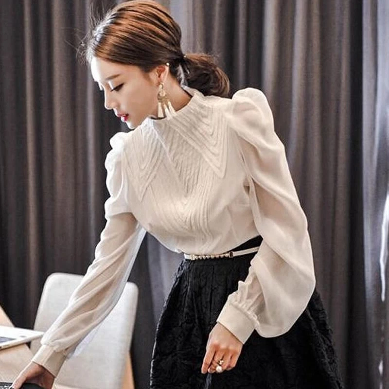 Womens Sweet Formal OL Puff Sleeve White Stand Collar Shirt