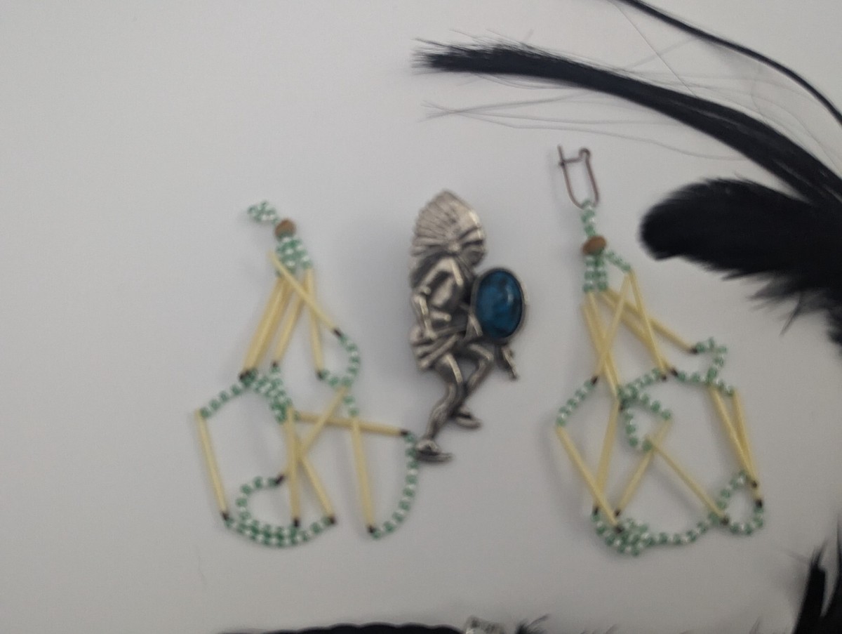 Lot of Aboriginal Made Items Feather Decor Quill Earrings Dancing Bola  Necklace