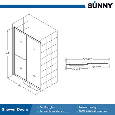 SUNNY 48/54/60'' x 72'' Sliding Bypass Shower Door Semi-Frameless Chrome Finish