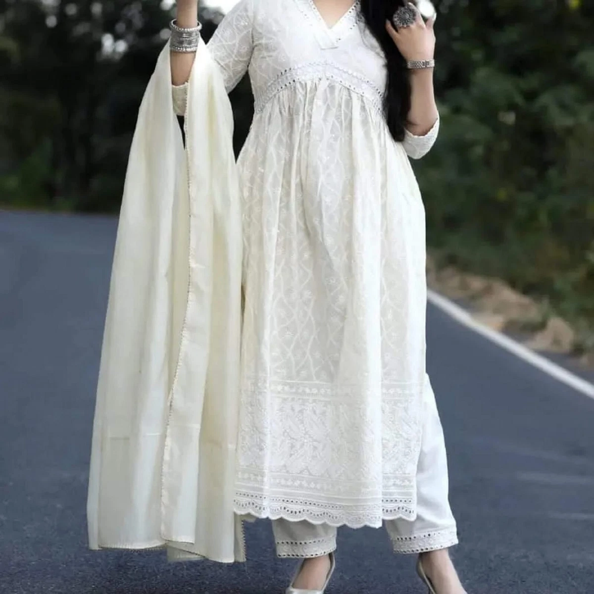 Chikankari Work White Color Naira Cut Indian Women Kurti Pant With Dupatta  Dress