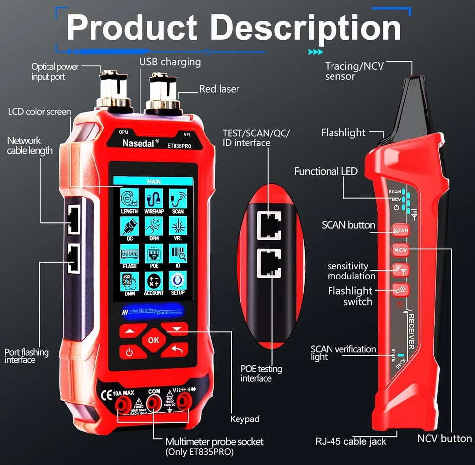 Network Cable Tester Wire Tracker Tone Generator Ethernet Tester Multimetro VFL - Immagine 4 di 4