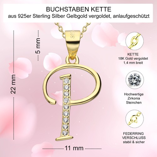 Buchstaben Anhänger mit Kette echt 925 Silber vergoldet Zirkonia Geschenke Damen - Bild 81 von 111