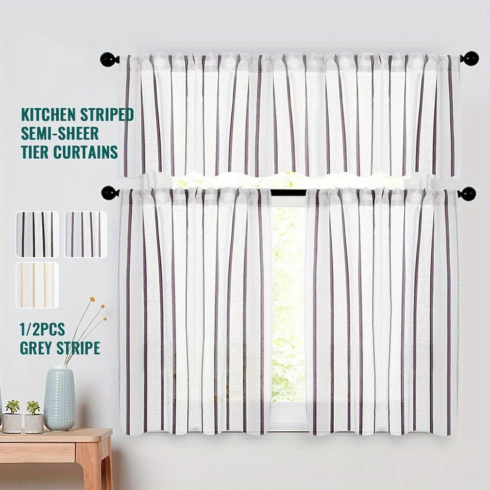 2 Panel Sheer Farmhouse Striped Short Small Cafe Curtains Tiers Kitchen Bathroom - Image 4 of 4
