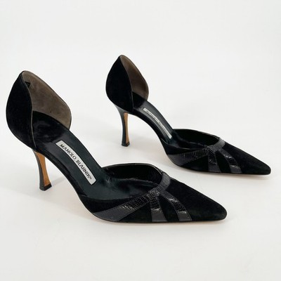 Manolo Blahnik Vintage Black Suede Lizard Trim Pointed Toe D'Orsay Heels IT 37.5