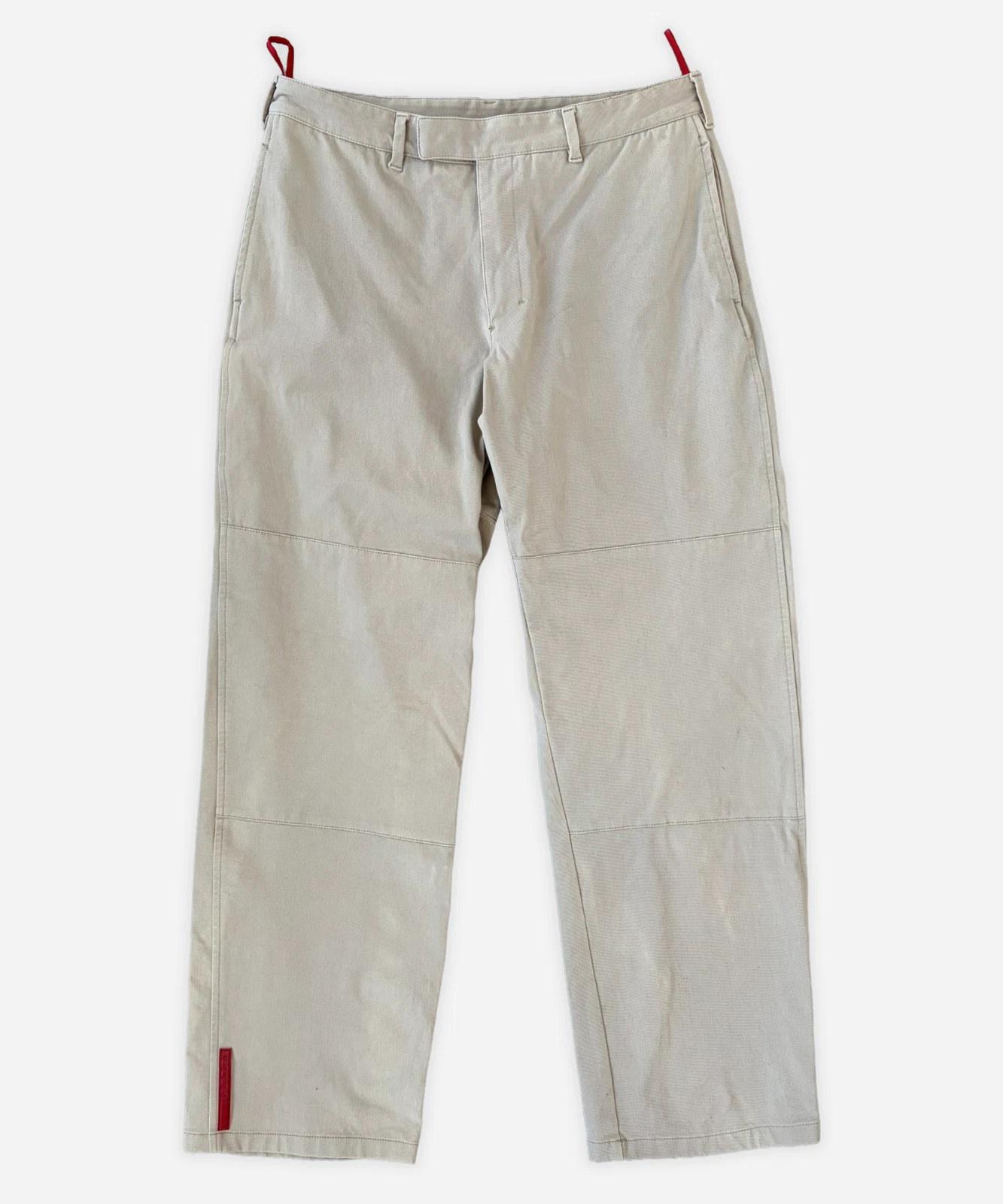 1999 Mens PRADA Pants Trousers Beige Cotton Red Tab Logo Zip Pockets Size 48