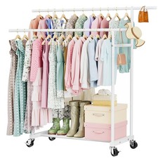Double Rods Clothes Rack for Hanging Clothes, Clothing Rack with Wheels, Port...