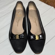 VTG Ferragamo Black Low Heel Bow Pumps Designer Italy Made Shoes Dressy Chic 6.5