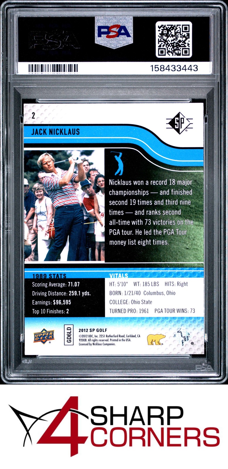 2012 SP AUTHENTIC GOLF RETAIL SAPPHIRE #2 JACK NICKLAUS HOF POP 3 PSA 10 view 2