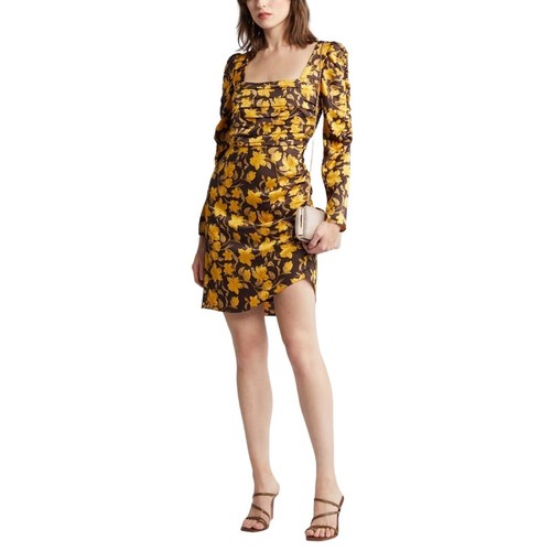Floret Studios Brown Yellow Floral Shirred Long Sleeve Satin Mini Dress Med NWT