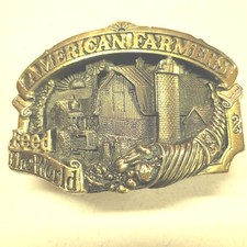 Vintage "AMERICAN FARMERS FEED THE WORLD" Brass Belt Buckle 1984 Pre-Owned 