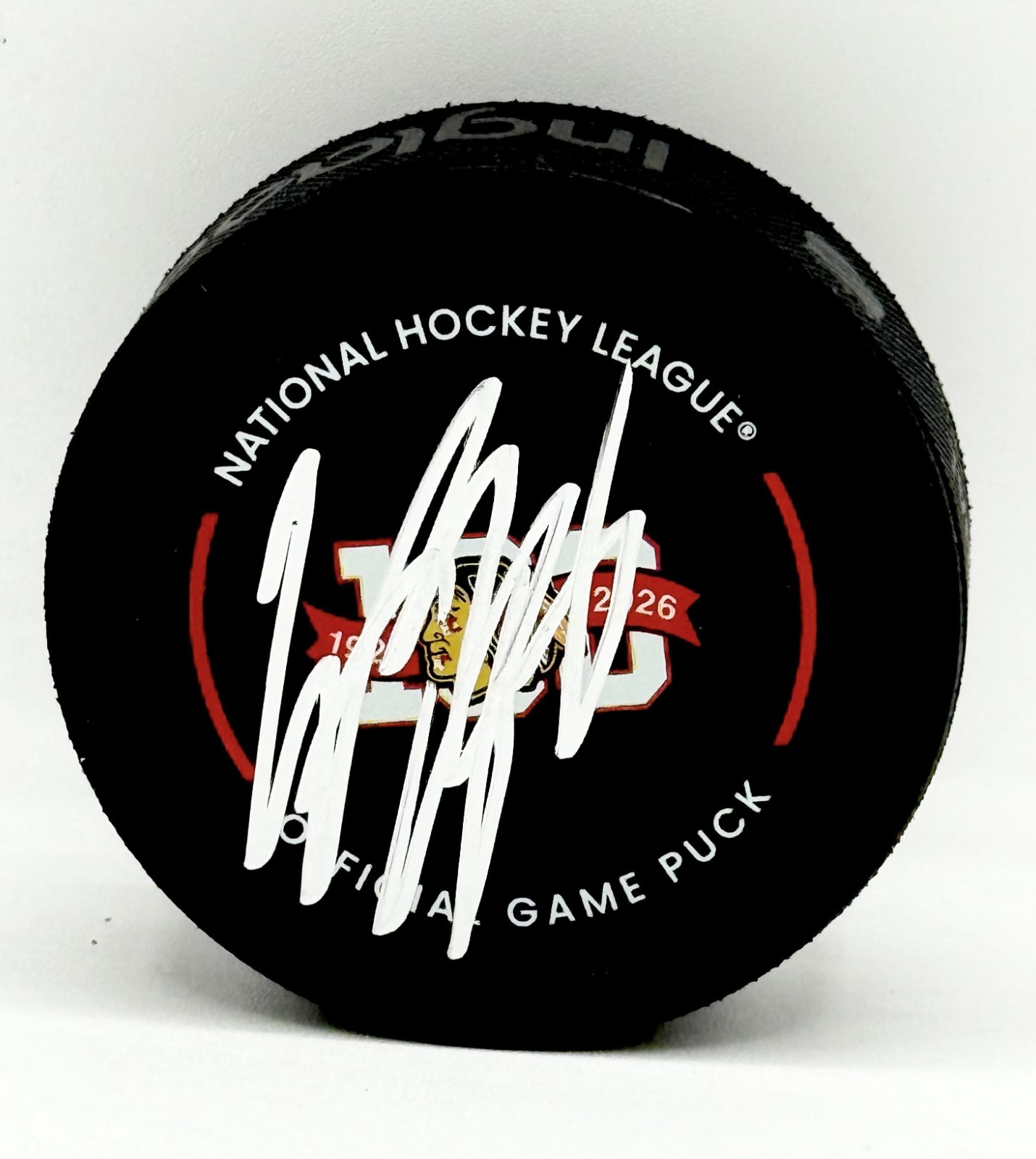 Connor Bedard Autographed Signed Chicago Blackhawks 100th Anniversary Game Puck Beckett LOA 
