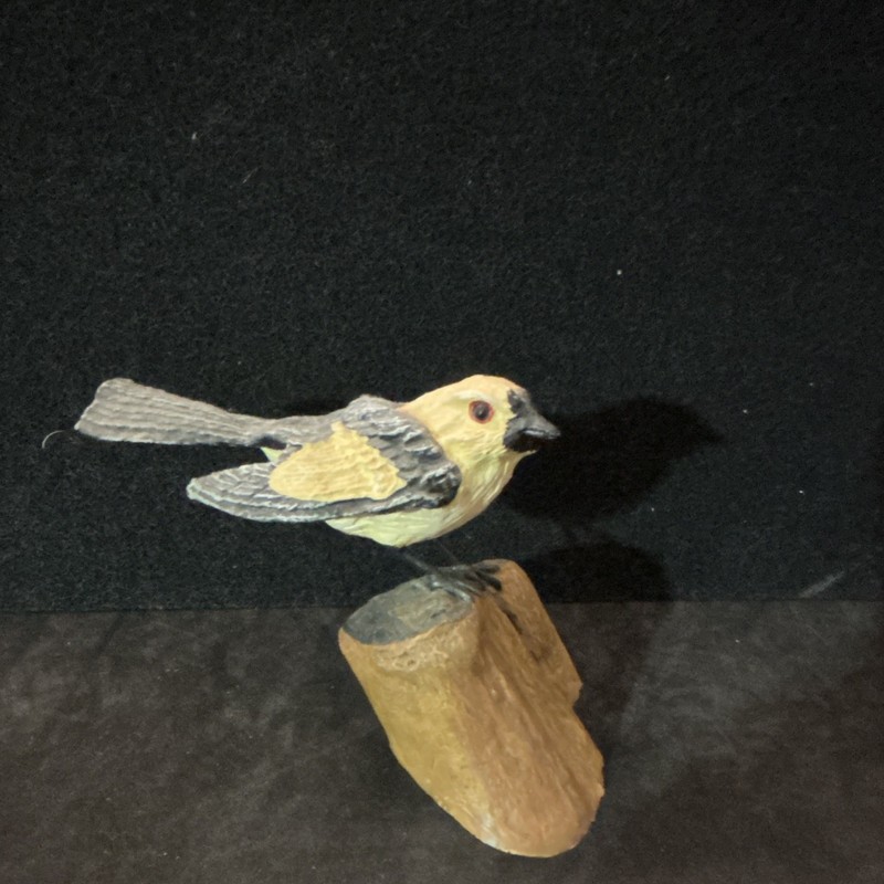 Hand Painted  Bird Figurine on Base, Yellow Gray Brown Finish