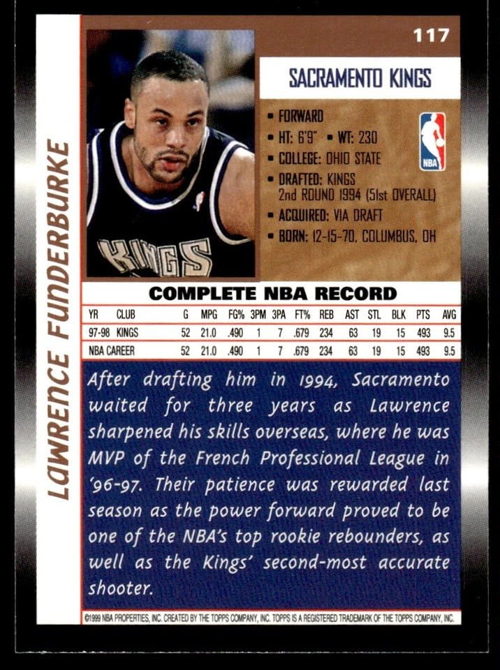 1998 Topps #117 Lawrence Funderburke - Sacramento Kings - Image 2 of 2