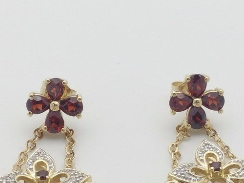 New 14k Gold Natural Garnet & .10ct Diamond Dangle Flower Chain Earrings - Picture 3 of 11