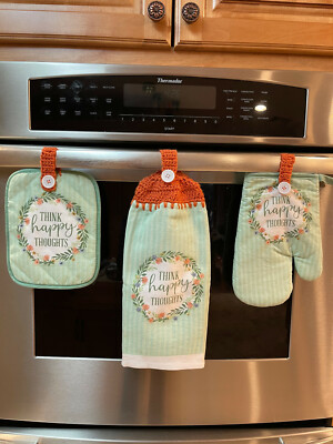''Think Happy Thoughts'' Crocheted Top Dish Towel 3 Piece Set