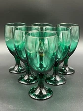 VTG Libby Juniper Green Water Wine Goblets Set Of 6 Glass Teardrop Gold Rim
