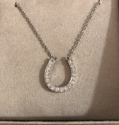 Real White Saphire And Diamond 14K White Gold Horseshoe Pendant Necklace