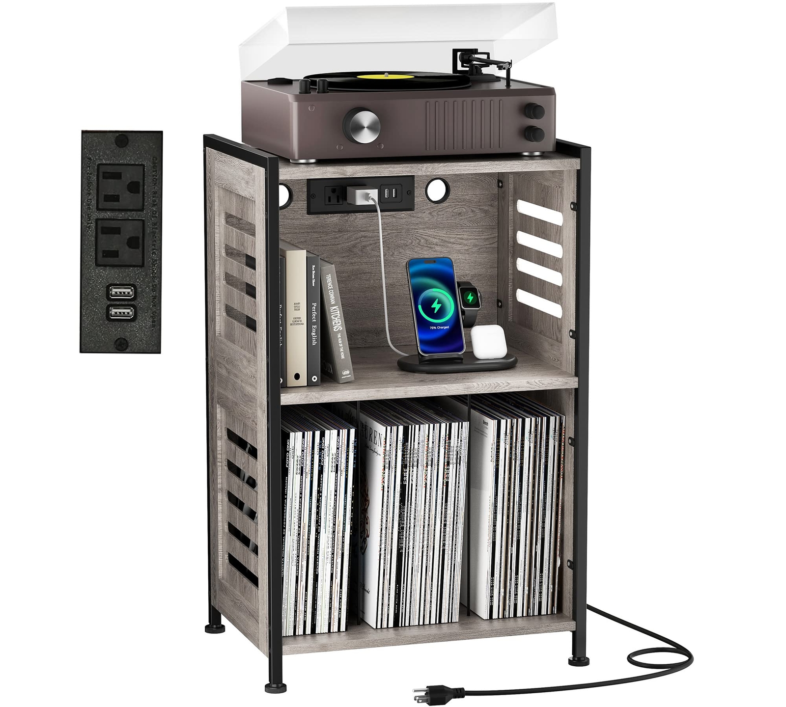 Vinyl Record Player Stand with Charging Station & USB Port-image