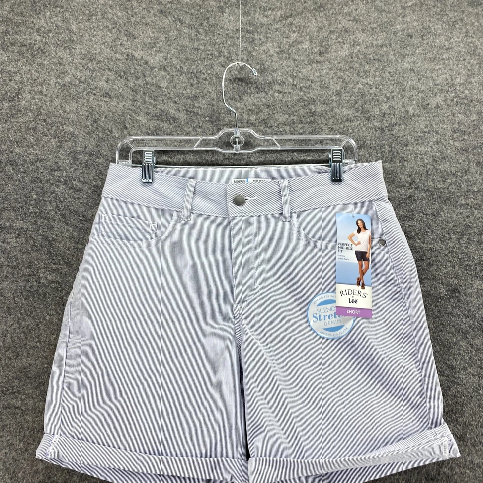 Nuevos Pantalones Cortos Riders Mujer M Medianos Azul Rayas Tiro Medio Bolsillos con Puños Algodón Foto 3 de 4